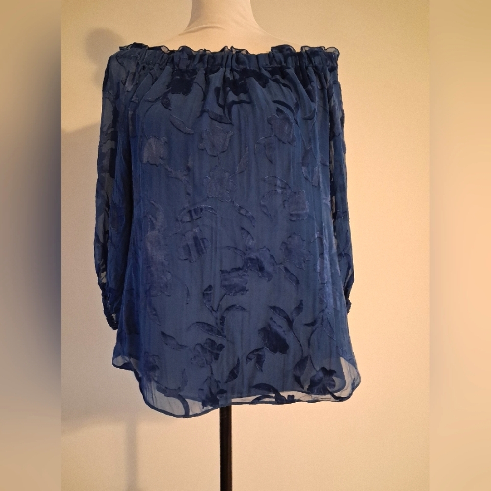 Blue Off-Shoulder Women's Floral Burnout Top Size Med